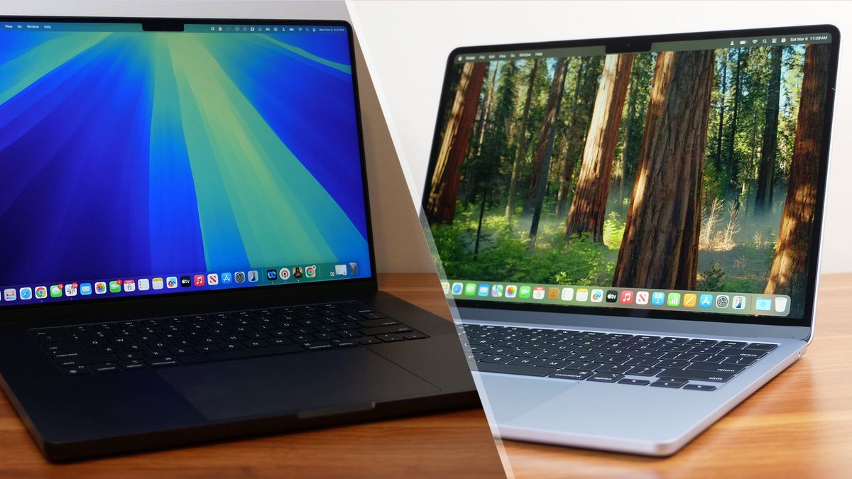 Boczny widok MacBook Air cieńszego obok grubszego MacBook Pro z miarką pokazującą różnicę