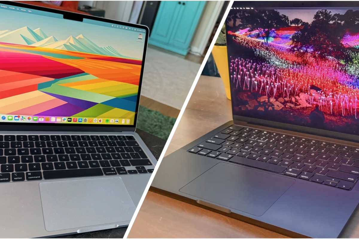 MacBook Air srebrny i MacBook Pro space black stojące obok siebie na białym tle