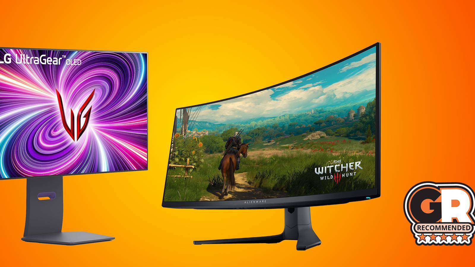 Dwa monitory gamingowe obok siebie: standardowy 4K i zakrzywiony ultrawide z grą FPS
